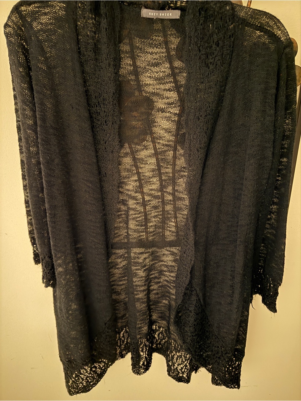 Suzy Shier Black Open-Front Lace-Trim Cardigan